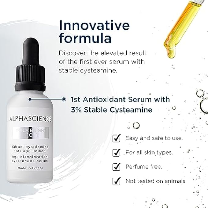 ALPHASCIENCE MELA BRIGHT [C+] SERUM - HELPS BRIGHTEN AND ENHANCE SKIN TONE - DIMINISH DARK SPOTS - PROTECT SKINS BARRIER - ANTI-WRINKLE AND PRO-COLLAGEN ACTION - WITH STABLE CYSTEAMINE, 30 ML/1 FL OZ - Image 2